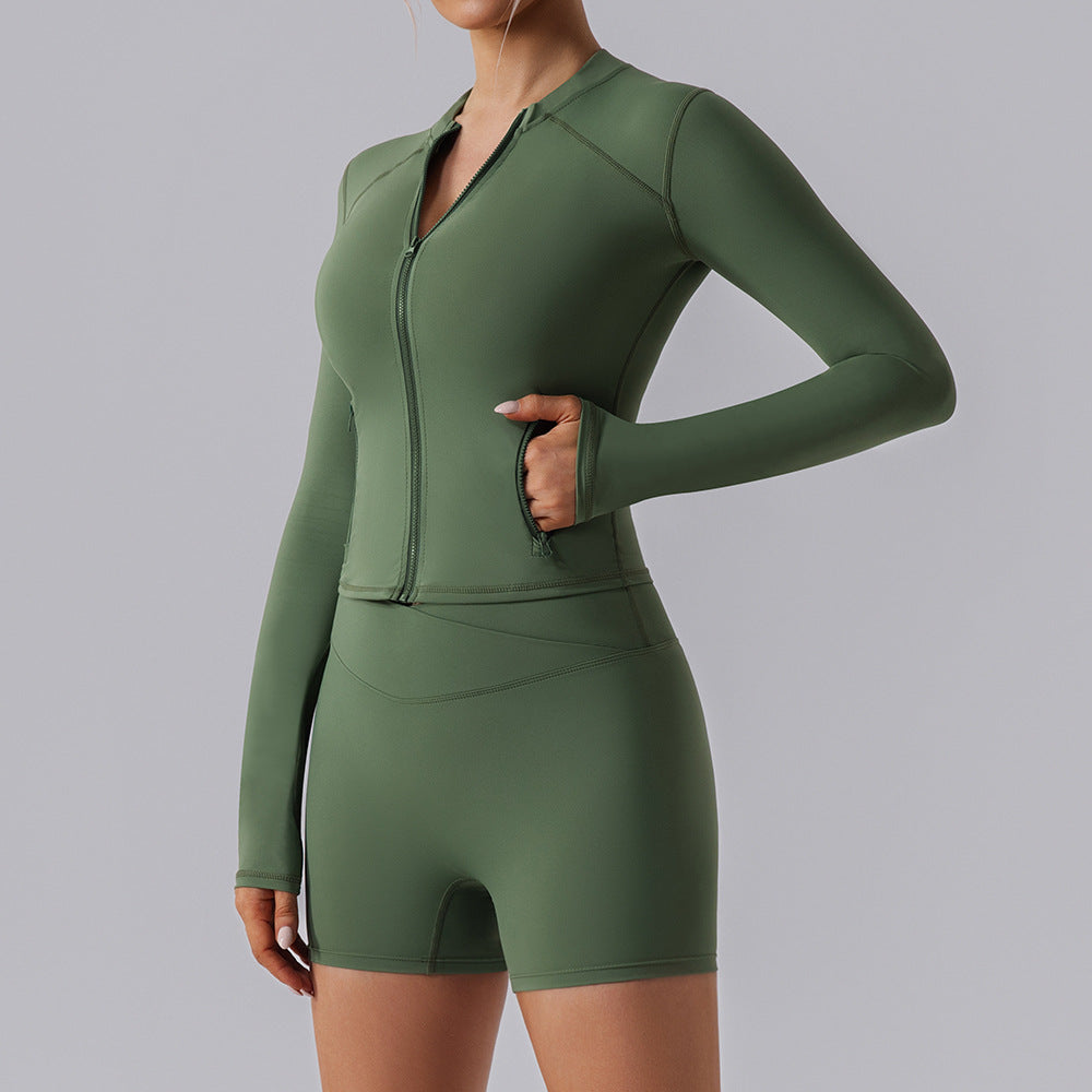 Cárdigan ajustado con cremallera y alta elasticidad, ideal para correr y yoga. Conjunto de 3 piezas.
