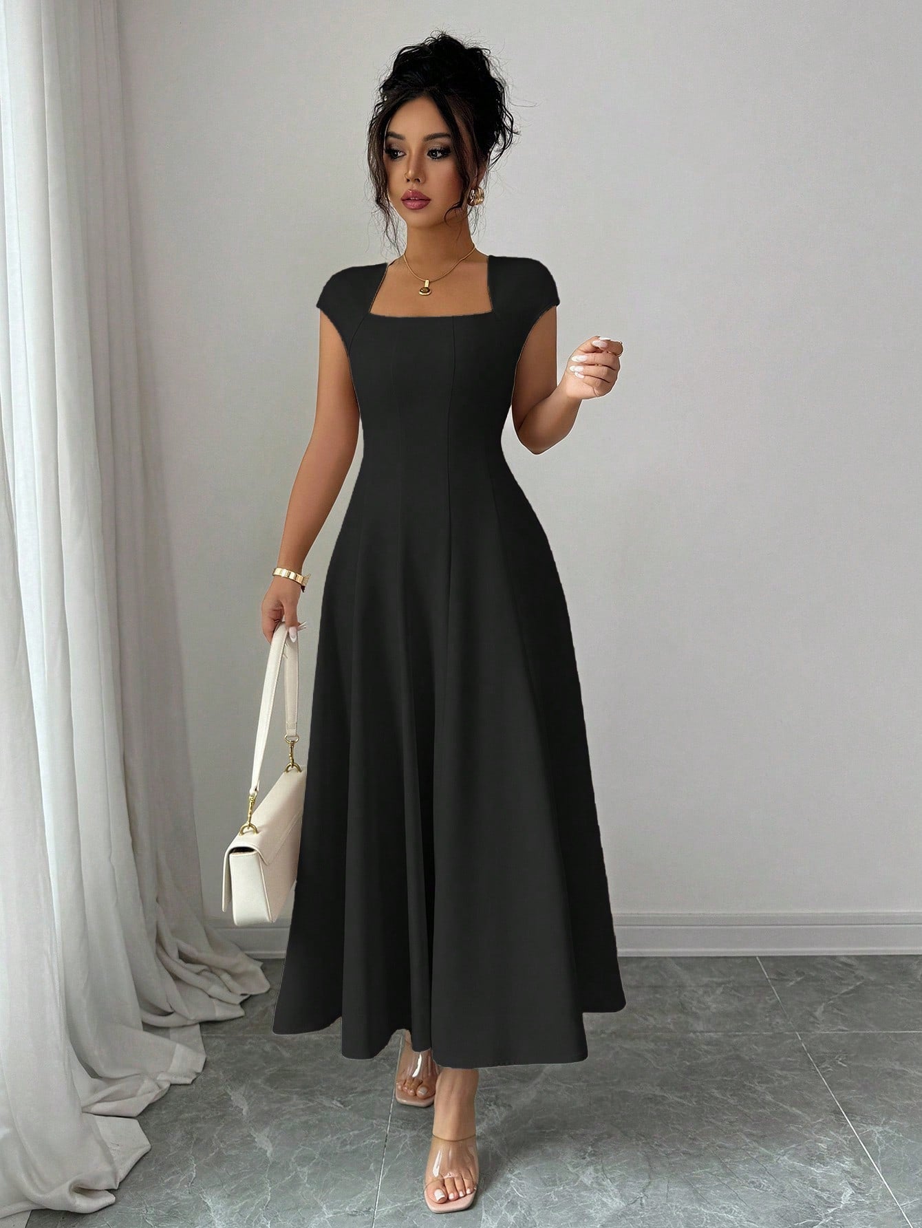 Square Neck Flared Midi Dress with Waist-Cinched Design and Short Sleeves - Neon North Clothing