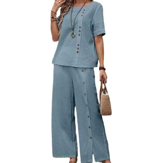 Two-piece Women's Outfit: Short-sleeve Button-up Top & Loose-fit Style
