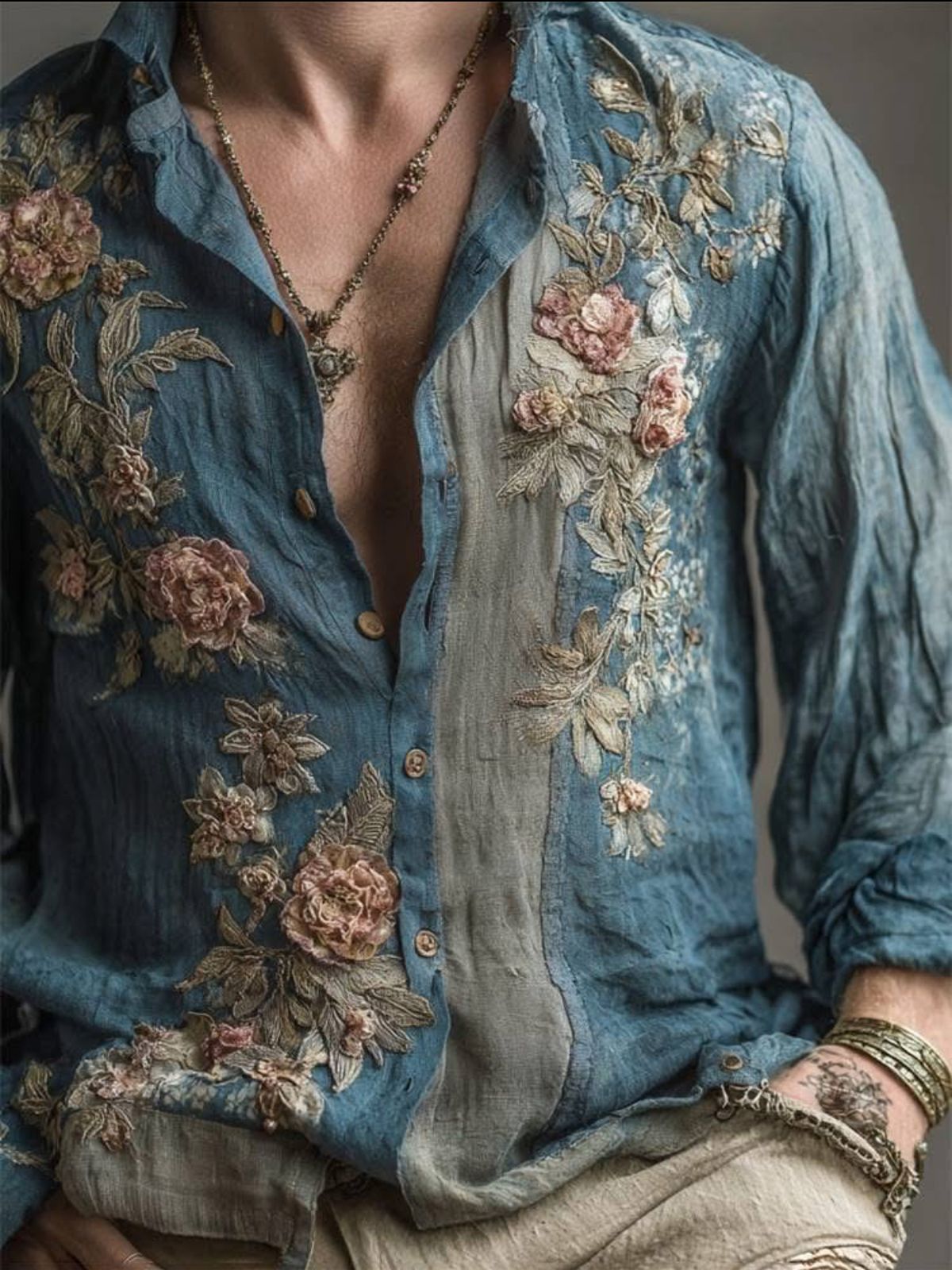 Retro Floral Long-Sleeve Shirt for Men – Casual American-Style Loose-Fitting Print