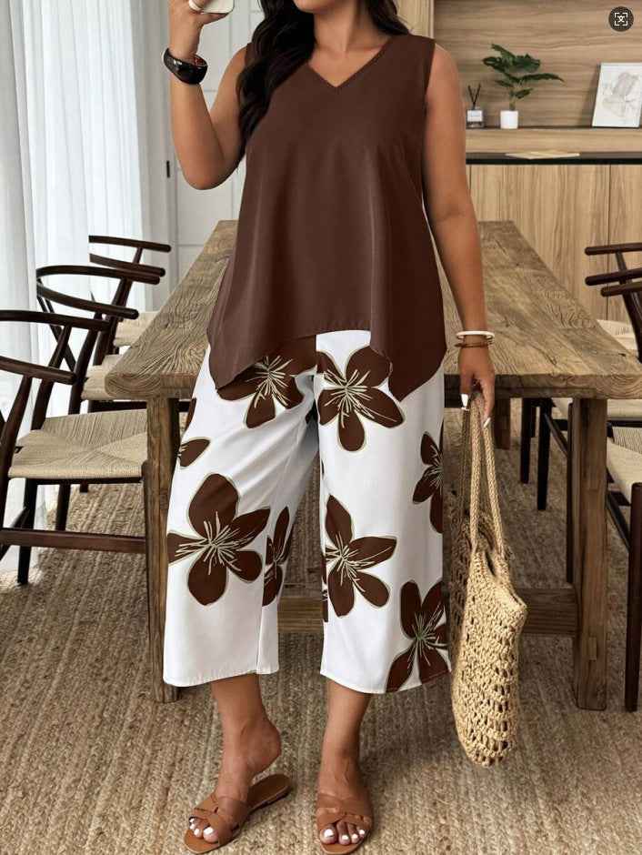 Women's Printed Cropped Pants Set for Casual Elegance
