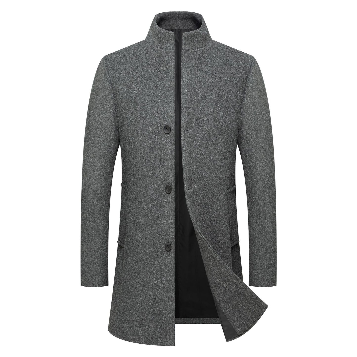 Men's Wool Coat - Stand-Collar Mid-Length Solid-Color Wool Coat