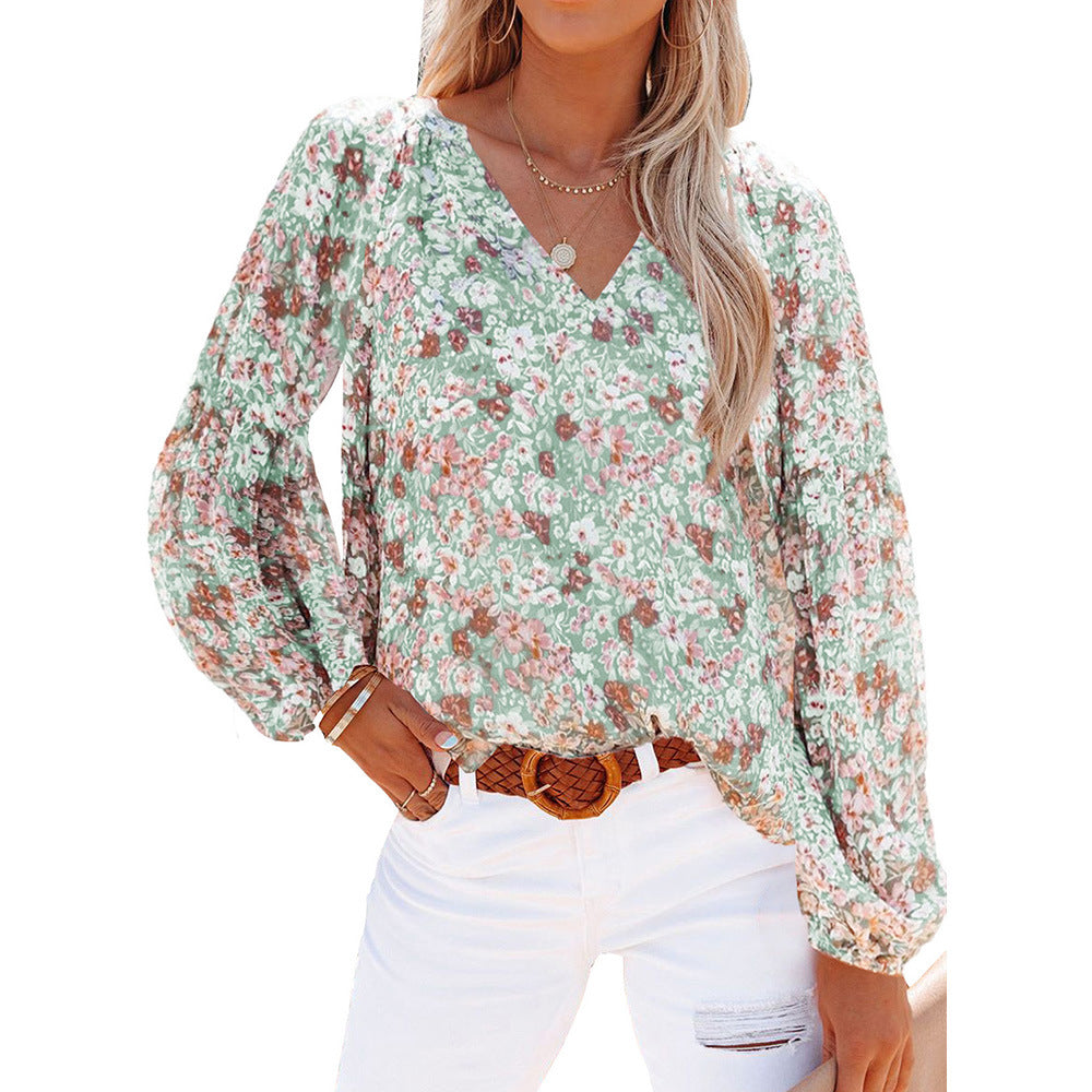 Lantern Sleeve Floral Chiffon Shirt for Women