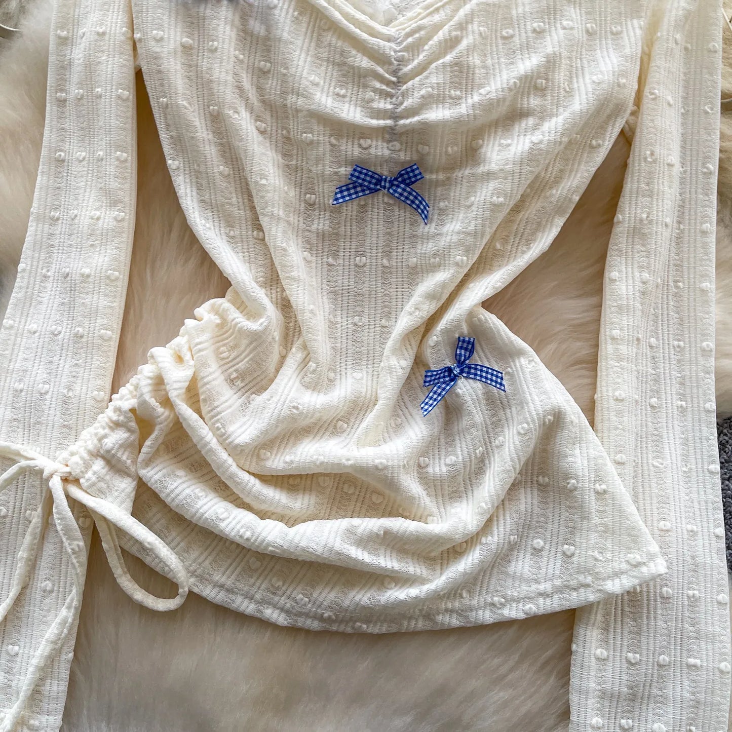 Bow Lace Splicing Long Sleeve Top - Neon North Clothing