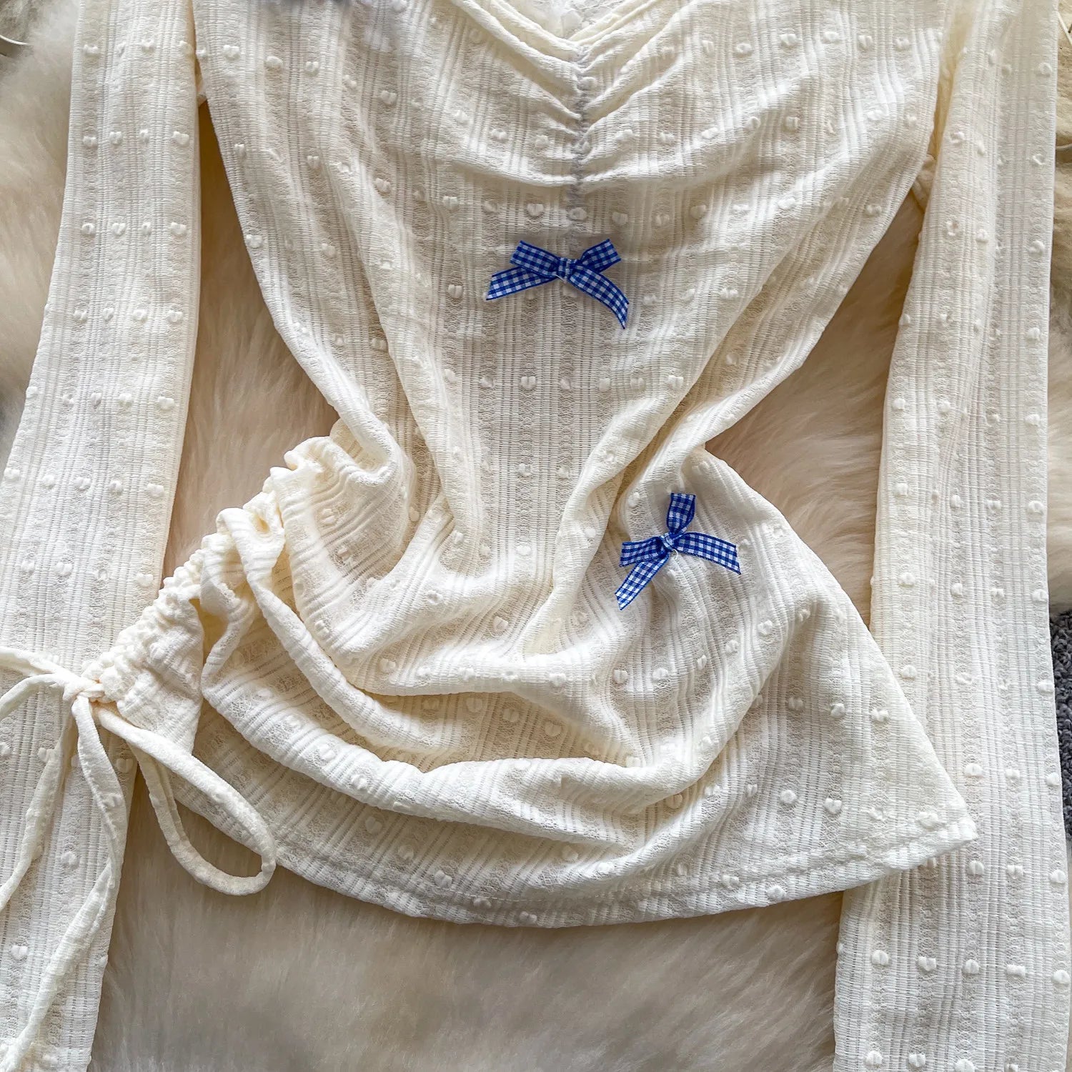 Bow Lace Splicing Long Sleeve Top - Neon North Clothing