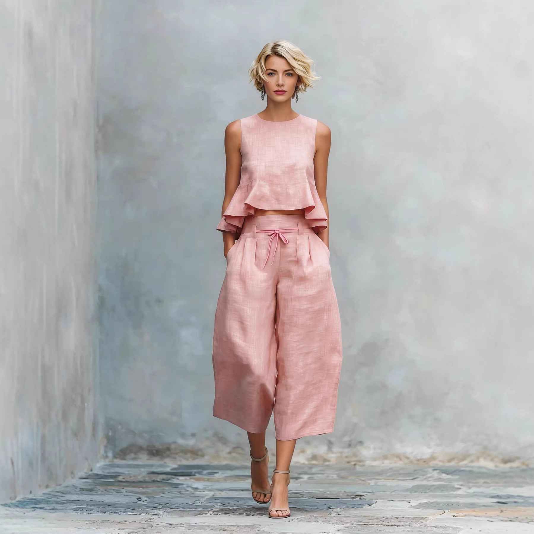 Womens Linen-Blend Two-Piece Set with Ruffled Detailing for Effortless Style
