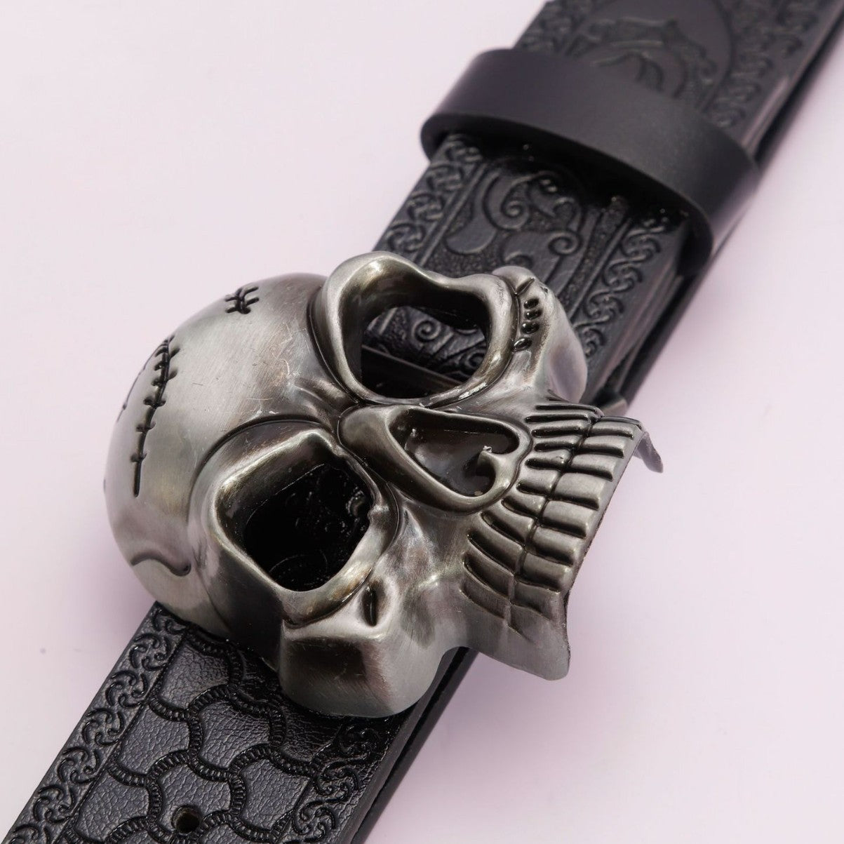 Simple Black PU Embossed Vintage Hollow Skull Belt - Stylish Black Skull Belt for Unique Fashion - Neon North Clothing