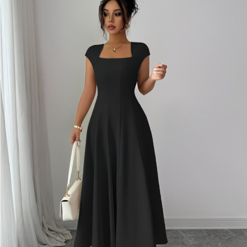 Square Neck Flared Midi Dress with Waist-Cinched Design and Short Sleeves - Neon North Clothing