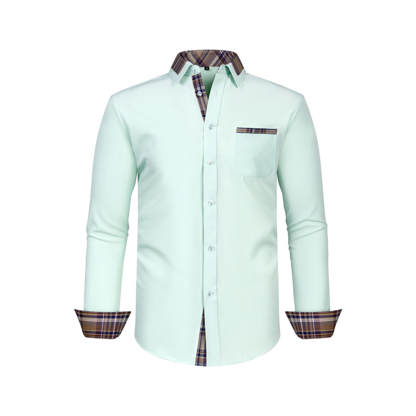 Mens Long Sleeve Shirt Patchwork Collar with Plaid Design for Stylish Comfort