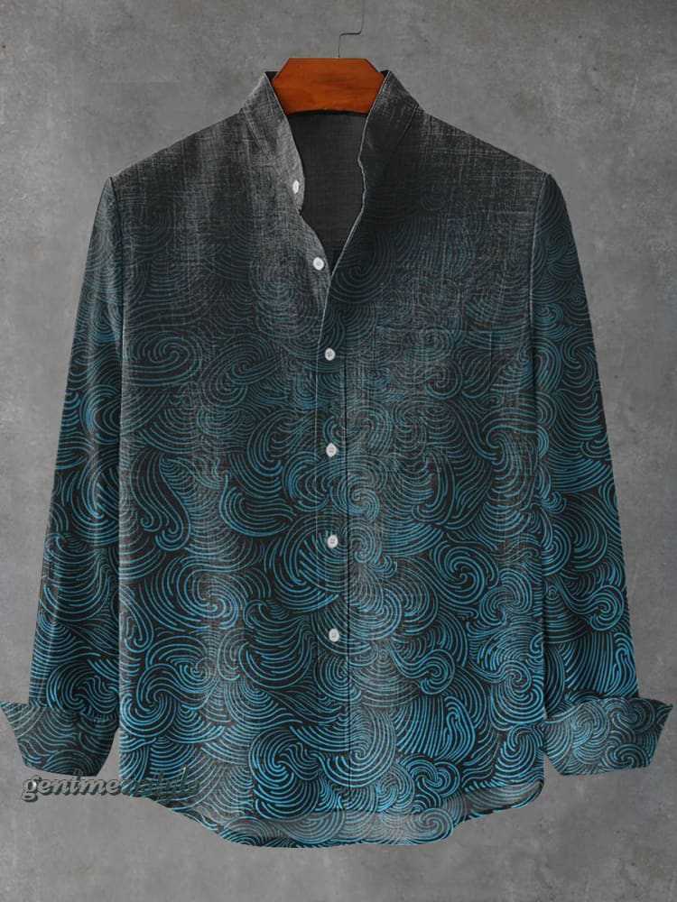Mens Linen Collar Striped Shirt with Irregular 3D Print - Long Sleeve Relaxed Fit