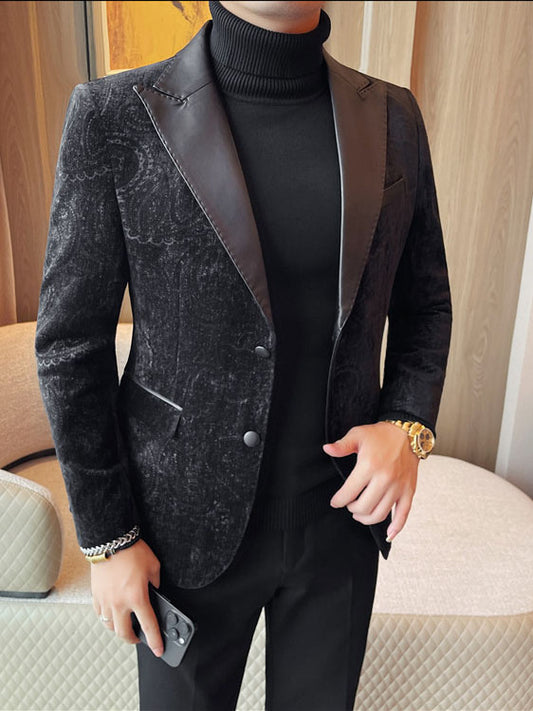 Jacquard Velvet Leather Blazer for Men with Stylish Lapel