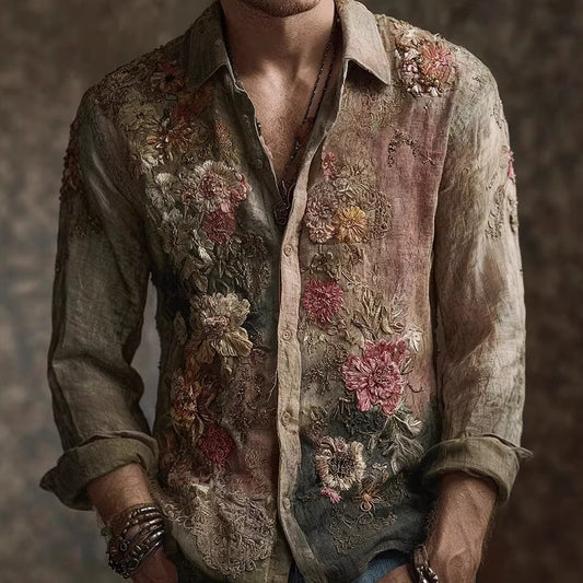 Retro Floral Long-Sleeve Shirt for Men – Casual American-Style Loose-Fitting Print