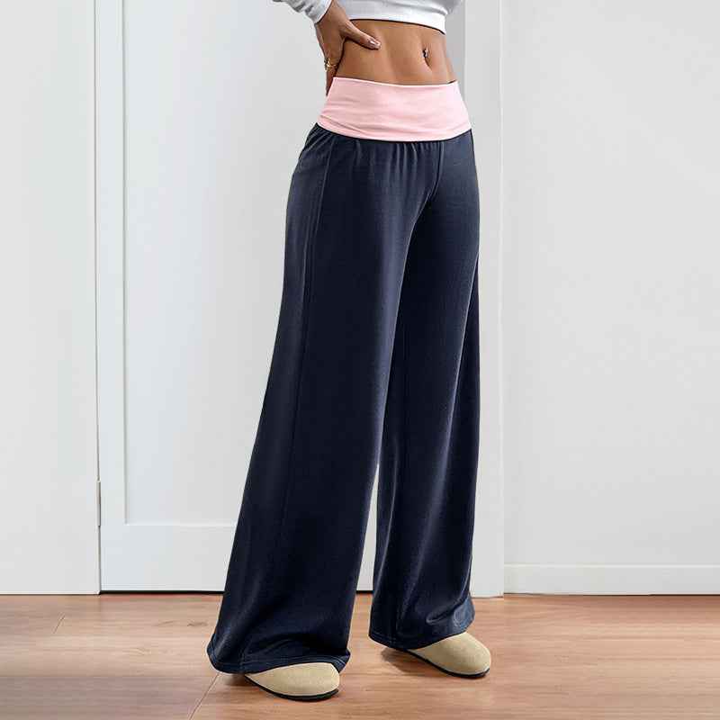 Women's Color-Block Wide-Leg Pants - Casual Patchwork Style