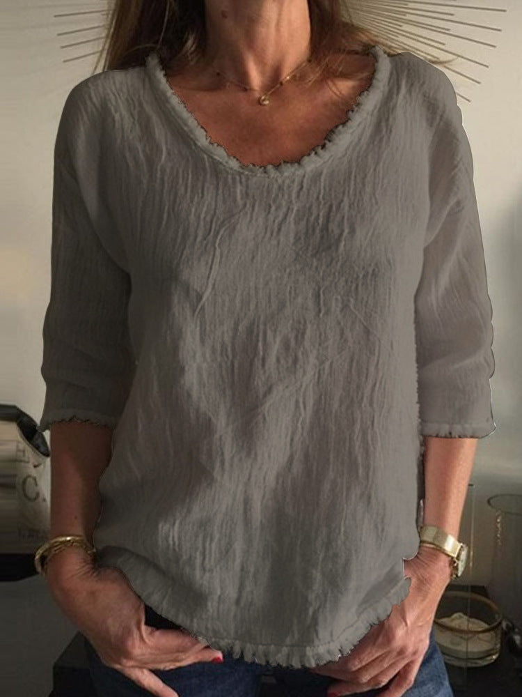 Round Neck Cotton Tassel Top with Three-Quarter Sleeves