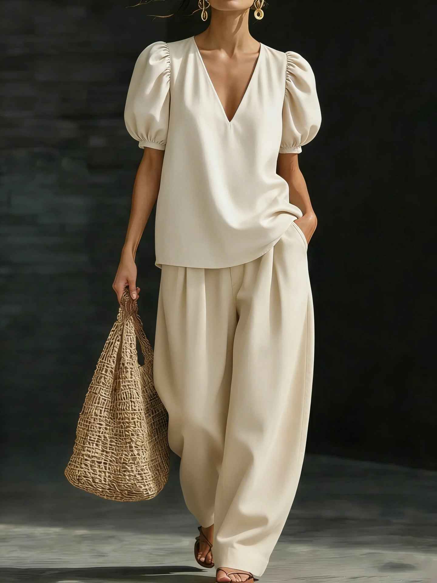 V-Neck Casual Womens Set - Stylish Short-Sleeve Fashionable Outfit