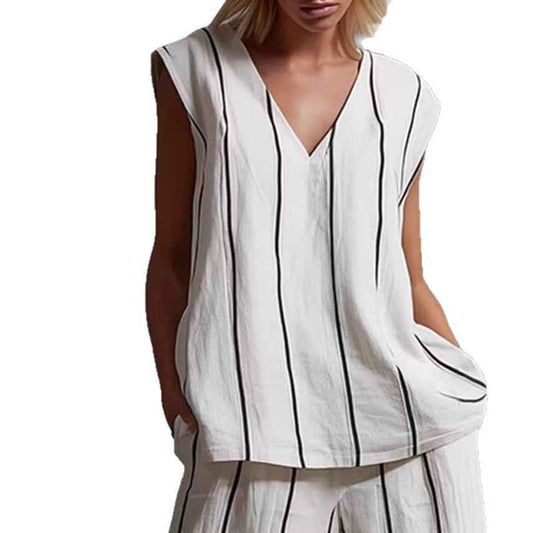 French Minimalist Black and White Set - Loose Cotton-Linen Women's Outfit