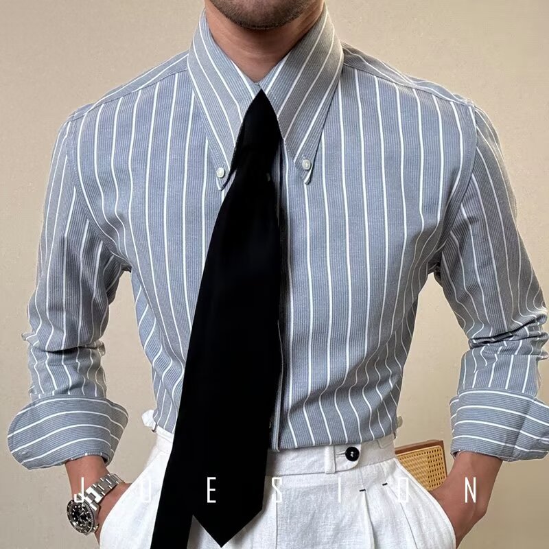 Mens Striped Long-Sleeve Shirt - Retro Casual White Slim Fit