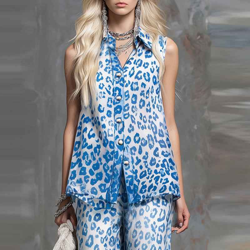 Loose-fit Leopard-print Two-piece Set: Sleeveless Shirt and Trousers