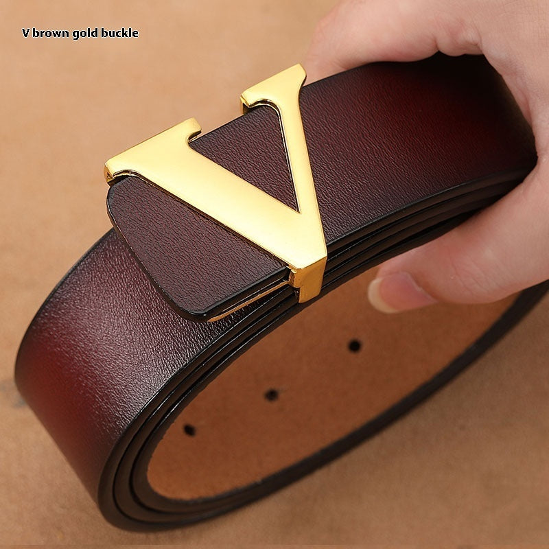 Smooth Genuine Leather Pants Belt - Pure Cowhide Letter V Design - Neon North Clothing