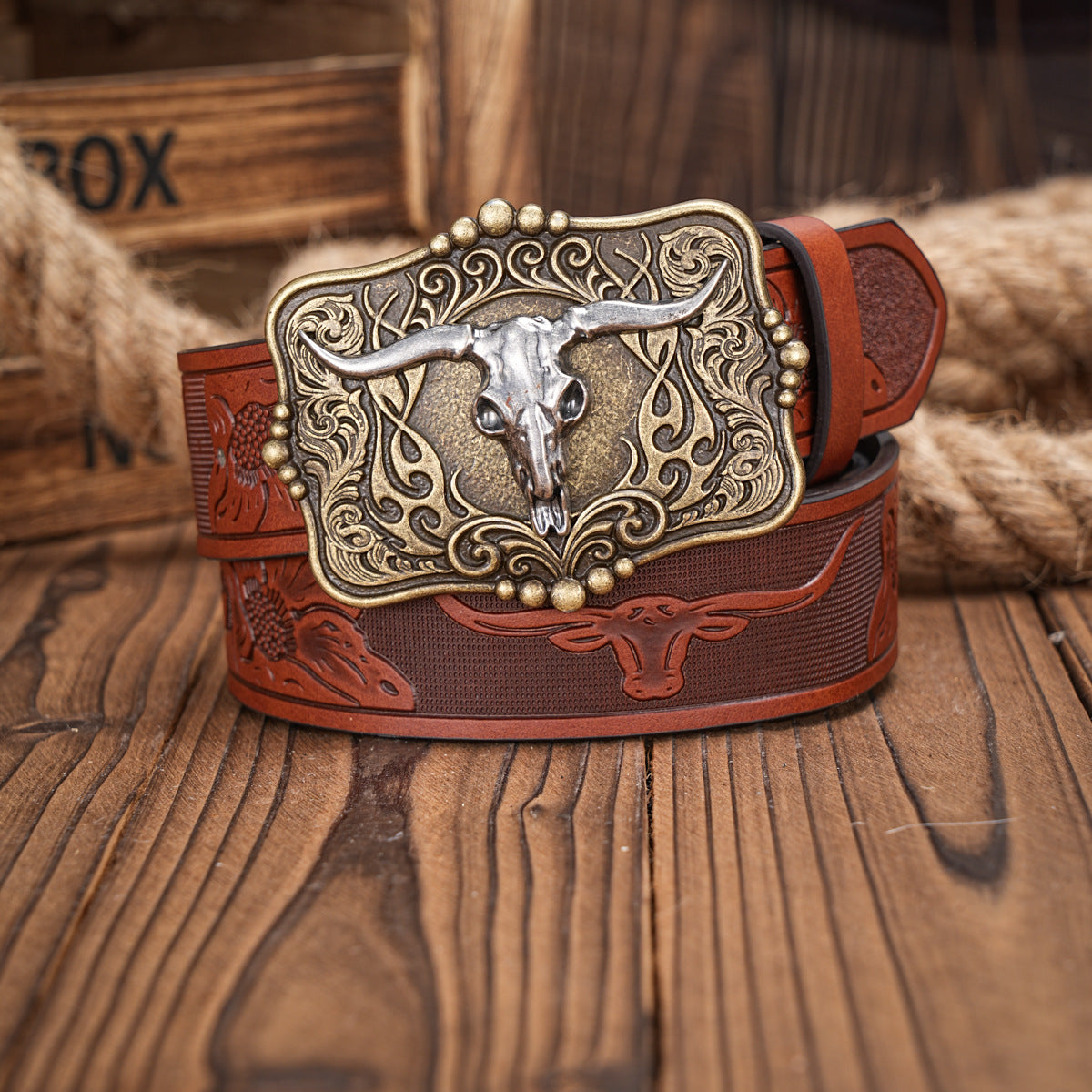 Belt Brown Men's Leather Belt with Bull Skull Embossed Retro Style - Neon North Clothing