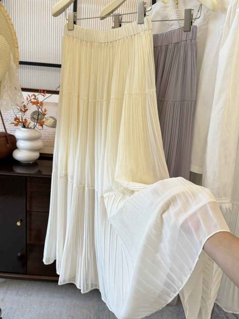 Womens Retro High-Waist Skirt - Elegant Solid-Colored Pleated French-Style Design