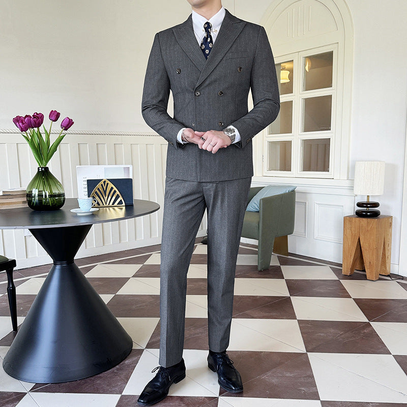 Peak Lapel Double-Breasted Coat with Textured Stripes - Three-Piece Set