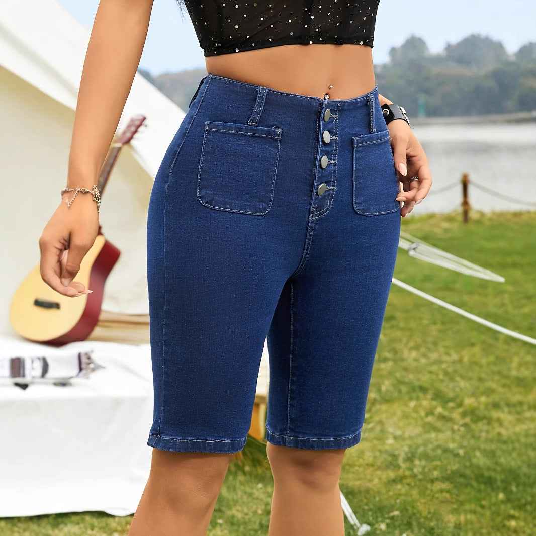 Casual Summer Denim Shorts with Button-Fly and Stretch Fit