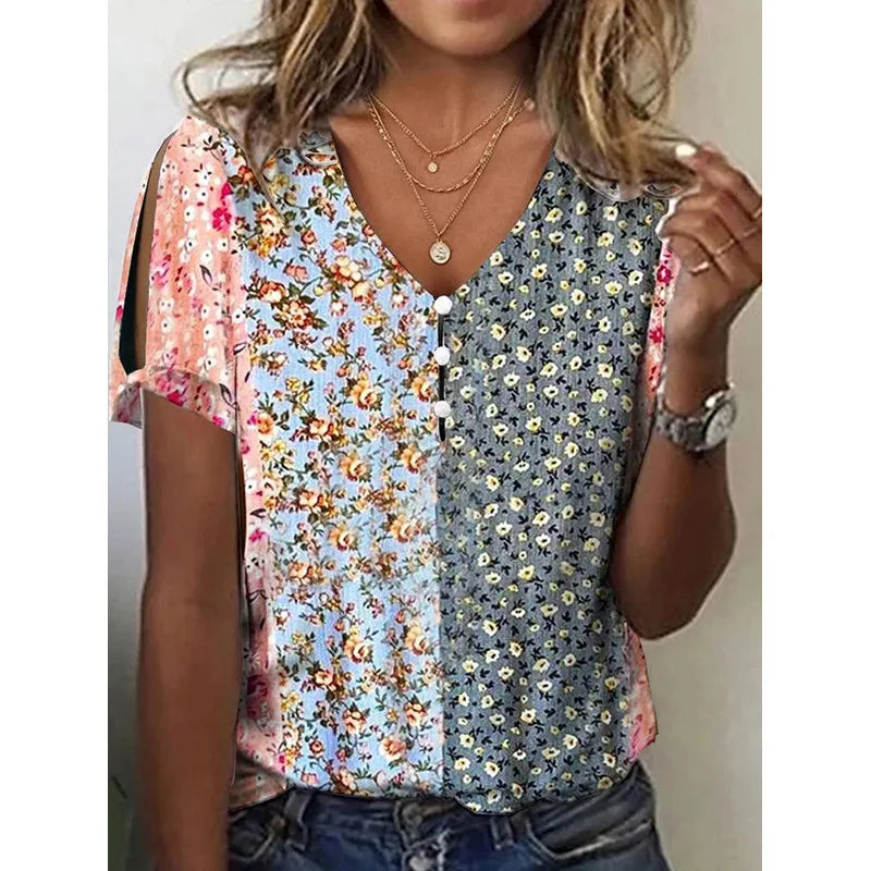V Neck Vintage Top Short Sleeves Button Streetwear Top - Neon North Clothing