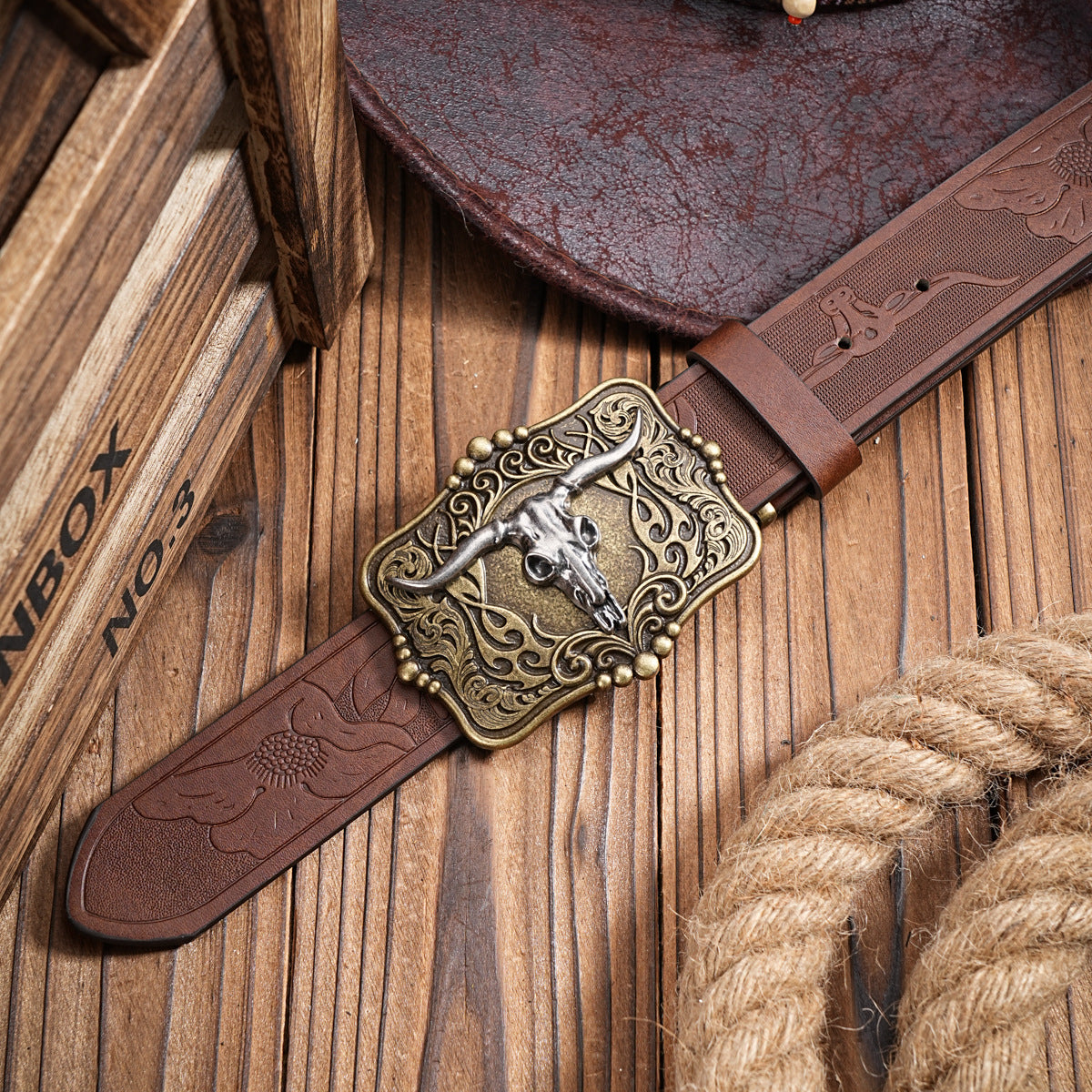 Belt Brown Men's Leather Belt with Bull Skull Embossed Retro Style - Neon North Clothing