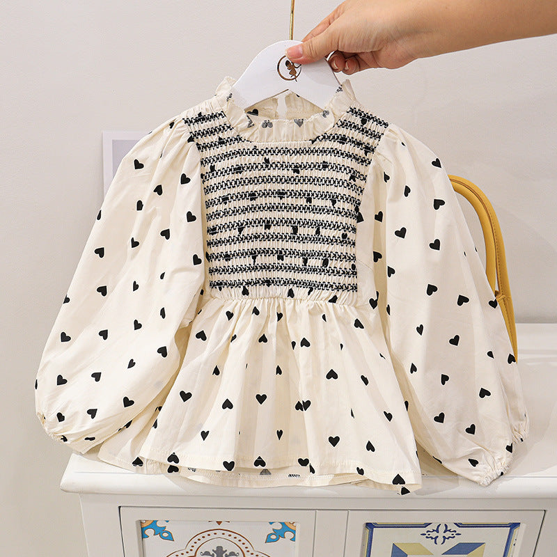 Girl Bow Heart Outfit - Cotton Two-Piece Shirt and Flared Pants Set for Girls
