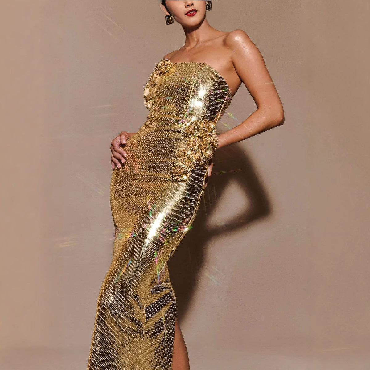 Womens Floral Tube Dress with Golden 3D Design for an Elegant Summer Look - Neon North Clothing