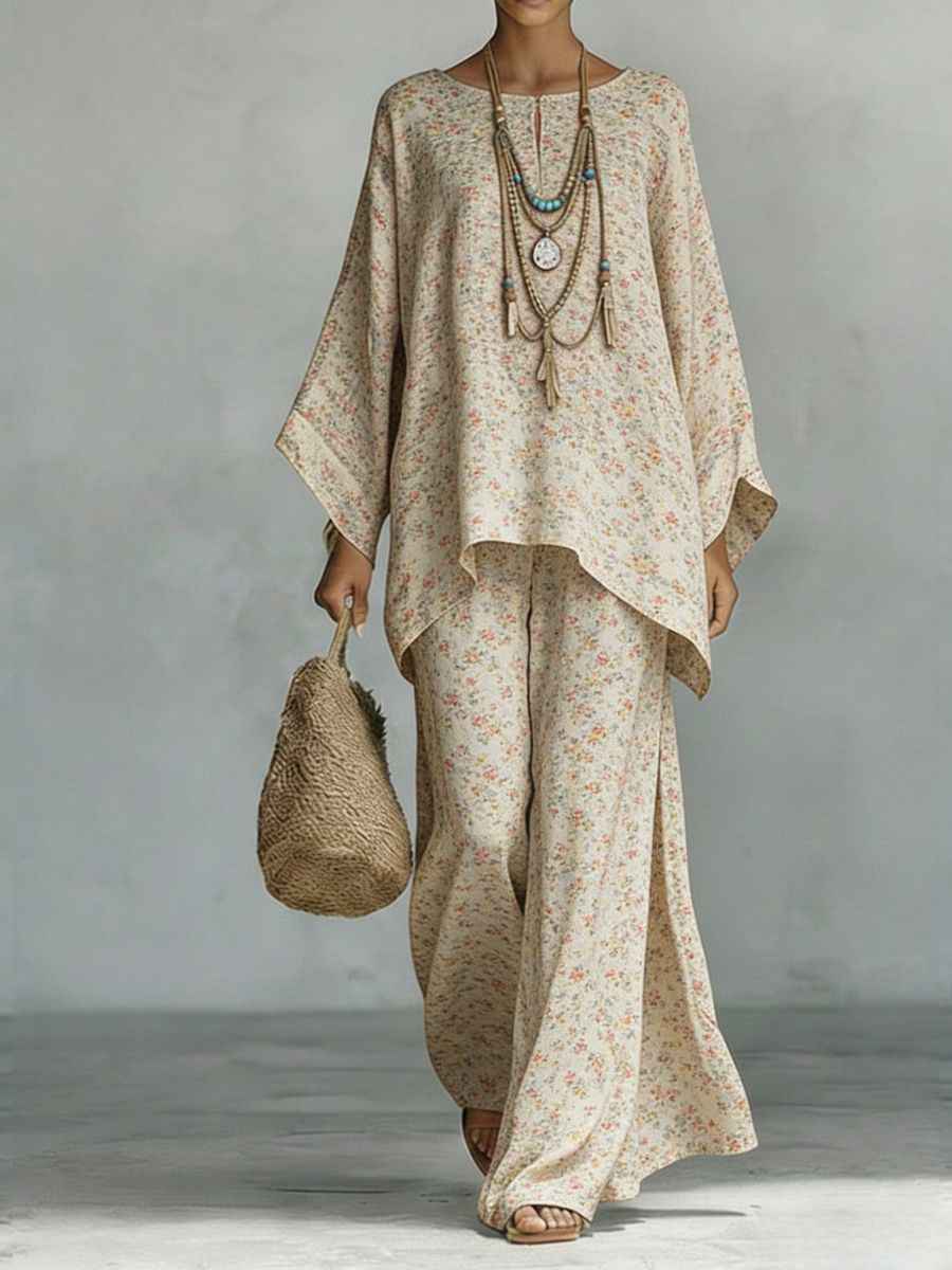 Women's Floral Print Linen Wide-Leg Set for Effortless Style