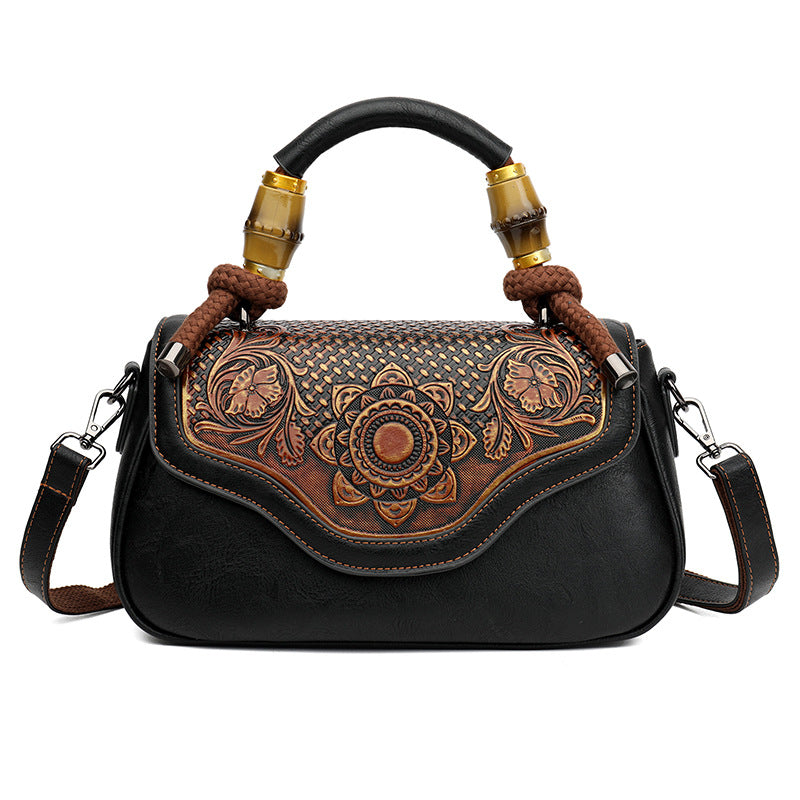 Handcrafted Leather Crossbody Bag with Embossed Retro Design