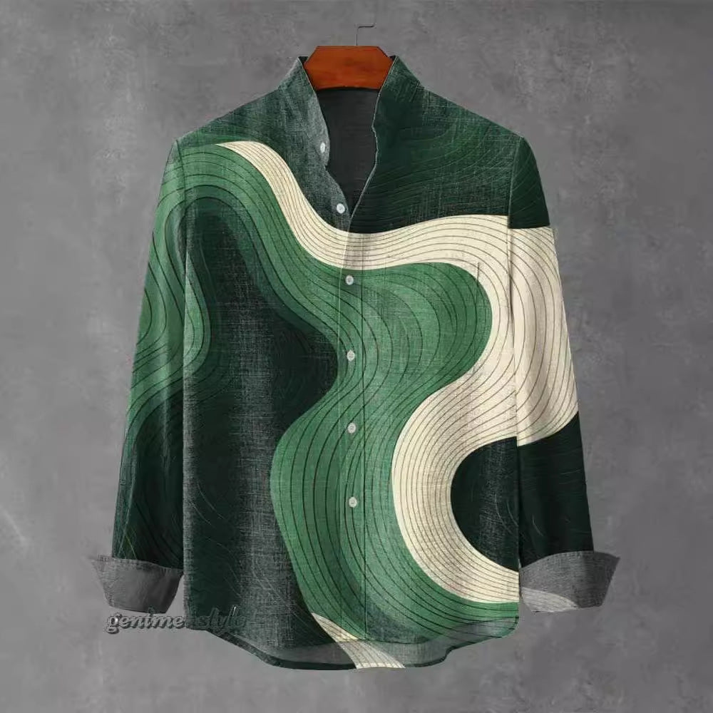 Mens Linen Collar Striped Shirt with Irregular 3D Print - Long Sleeve Relaxed Fit
