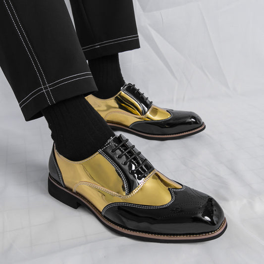 Brogue Color Matching Trendy Men's Leather Shoes Gold - Black