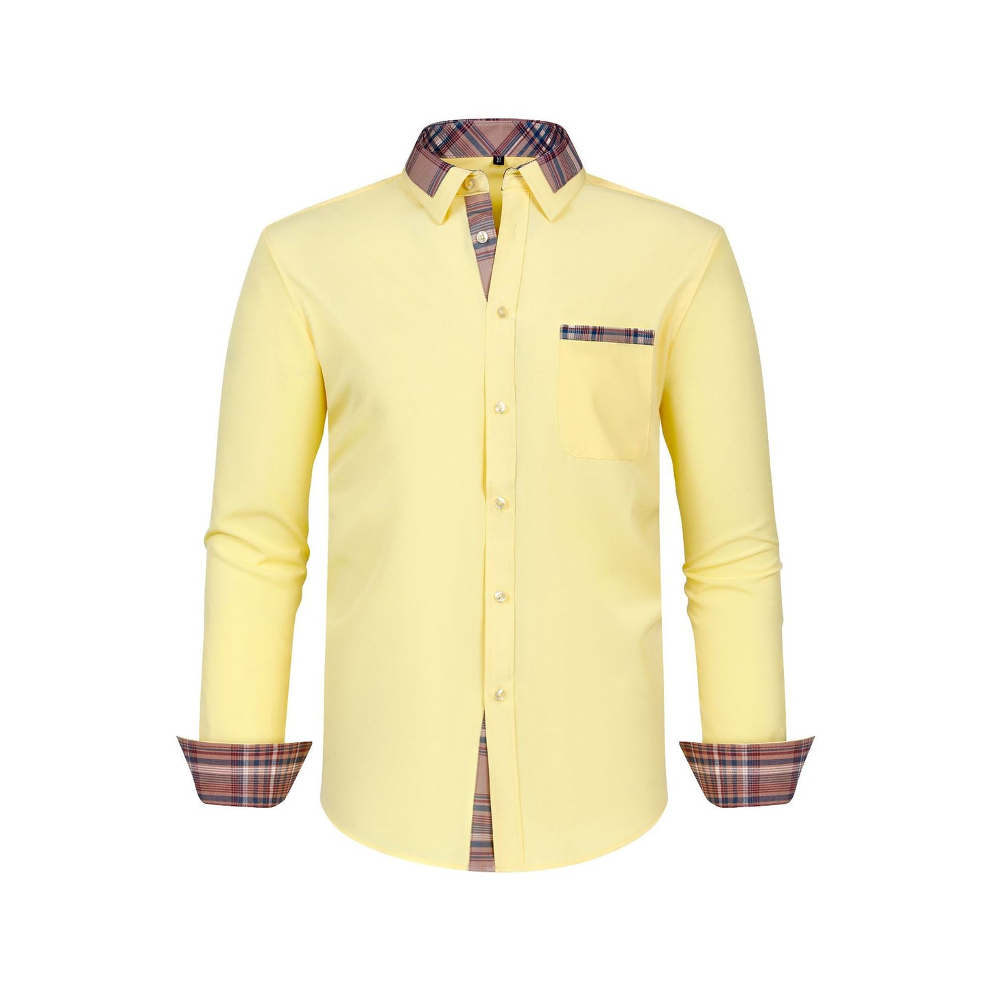 Mens Long Sleeve Shirt Patchwork Collar with Plaid Design for Stylish Comfort