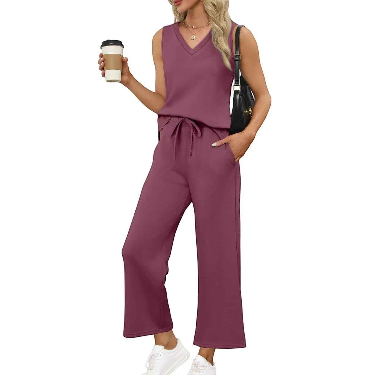 V-neck Vest and Pants Set for Effortless Casual Style