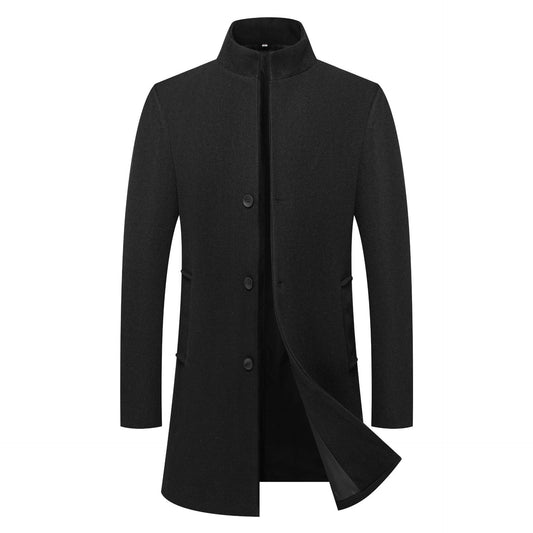 Men's Wool Coat - Stand-Collar Mid-Length Solid-Color Wool Coat