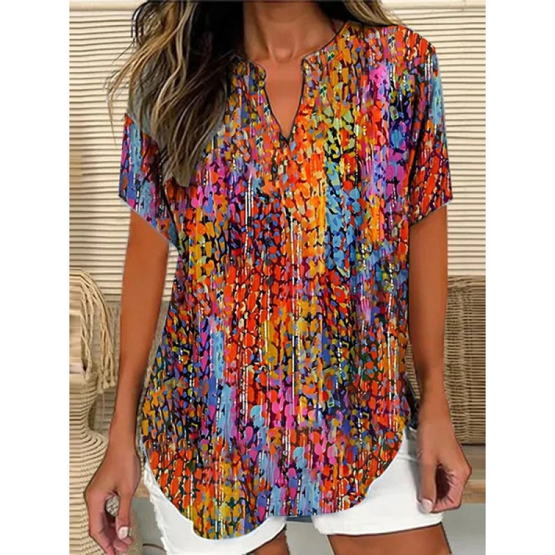 3D Printed Women's V-neck Top - Loose Short Sleeve Design