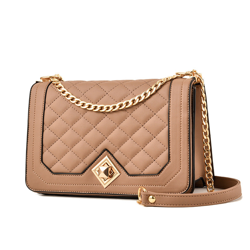 One-Shoulder Handbag with Diagonal Cross Embroidery and Portable Design