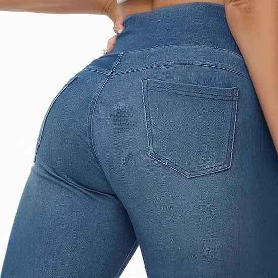 High-waisted Denim Pants with Two Pockets - Faux Denim Style