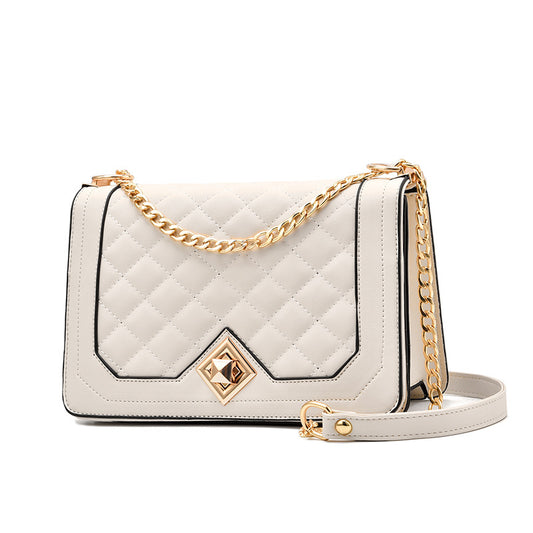 One-Shoulder Handbag with Diagonal Cross Embroidery and Portable Design