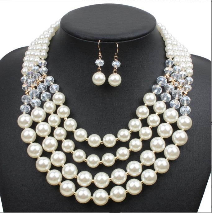 Crystal Pearl Jewelry Set: Long Necklace and Earrings Set