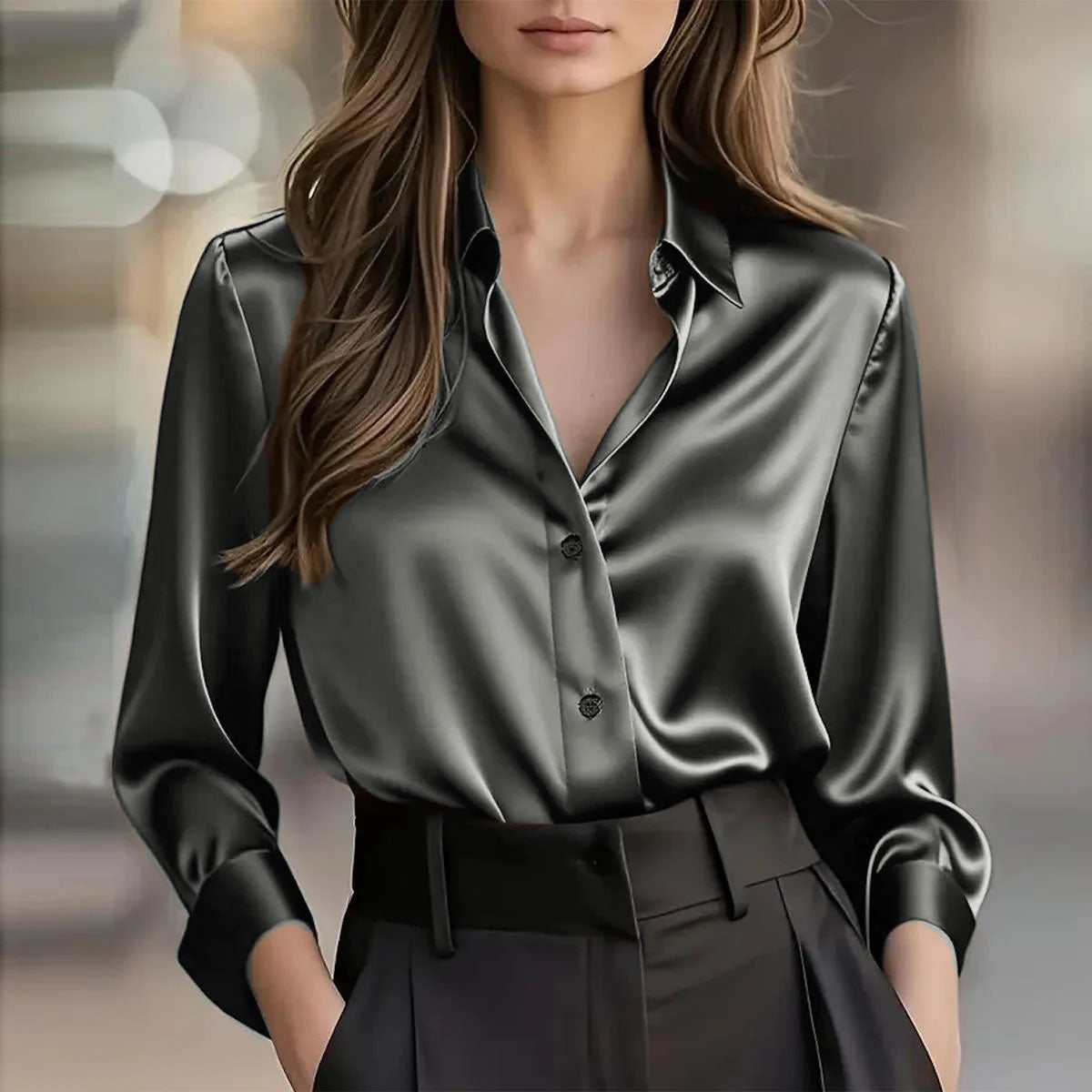 Elegant Satin Blouse with Long Sleeves - Ideal for Any Occasion