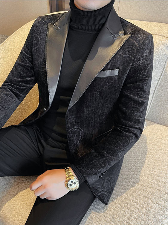 Jacquard Velvet Leather Blazer for Men with Stylish Lapel