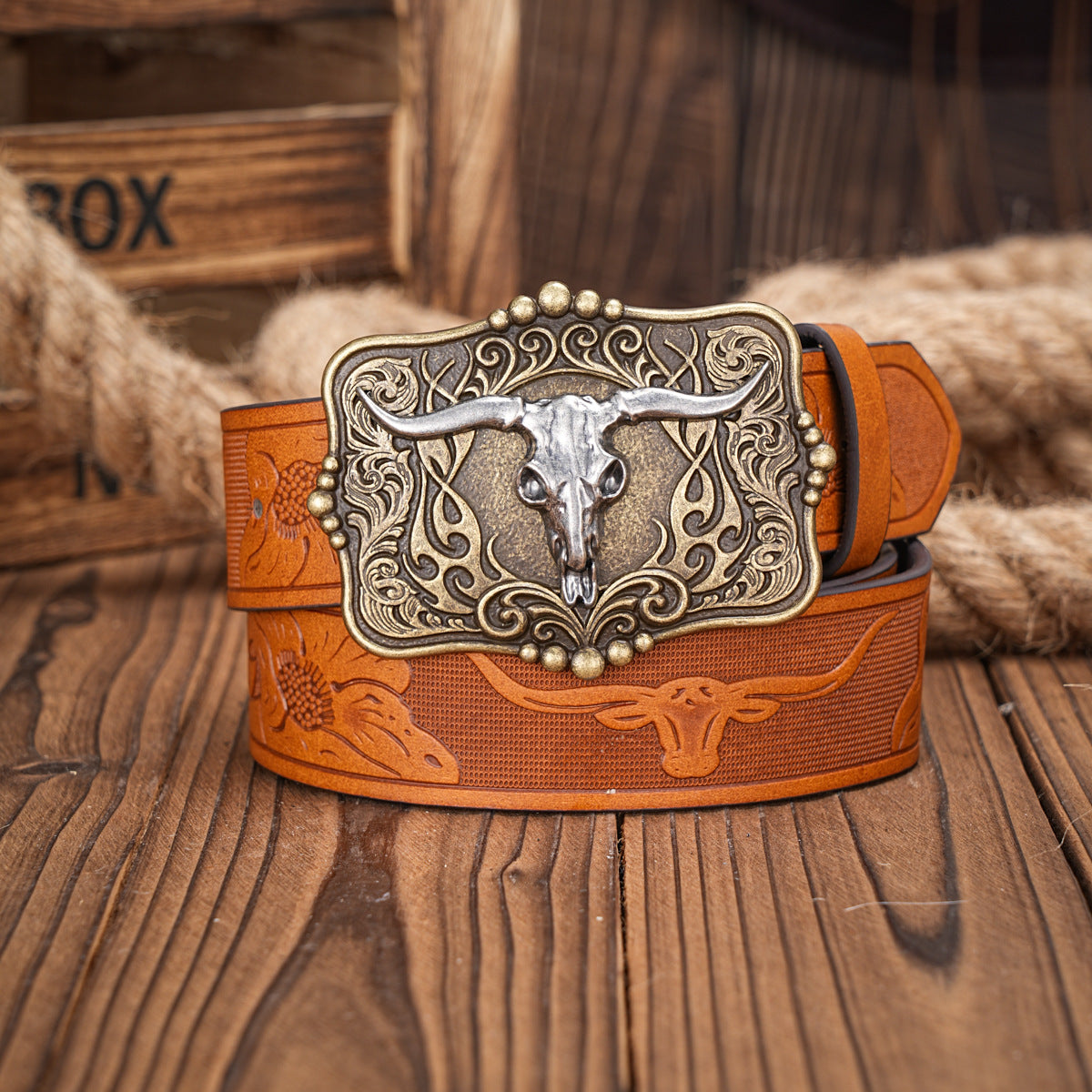 Belt Brown Men's Leather Belt with Bull Skull Embossed Retro Style - Neon North Clothing