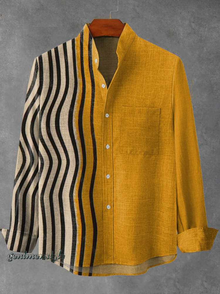 Mens Linen Collar Striped Shirt with Irregular 3D Print - Long Sleeve Relaxed Fit