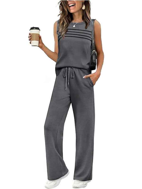Womens Pleated Vest Top Set - Stylish Two-Piece Outfit for Effortless Chic