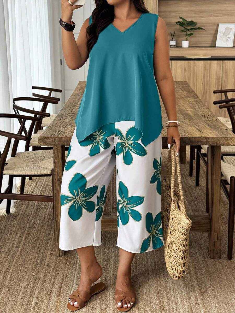 Women's Printed Cropped Pants Set for Casual Elegance