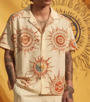Printed Short-Sleeve Shirt with Casual Sun Rays Design